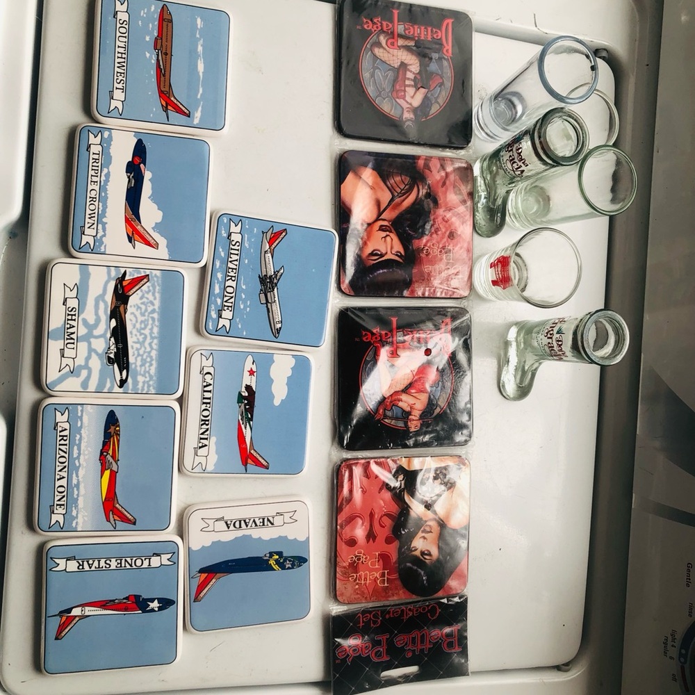 Vintage Aviation Coaster Set and Pinup Drink Coasters with Shot Glasses